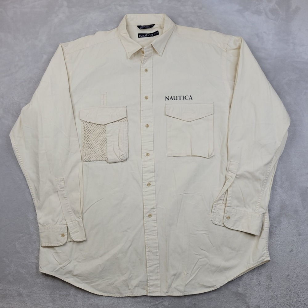 Nautica Shirt Mens XL Cream Beige Long Sleeve Button Up Outdoor Utility Pockets